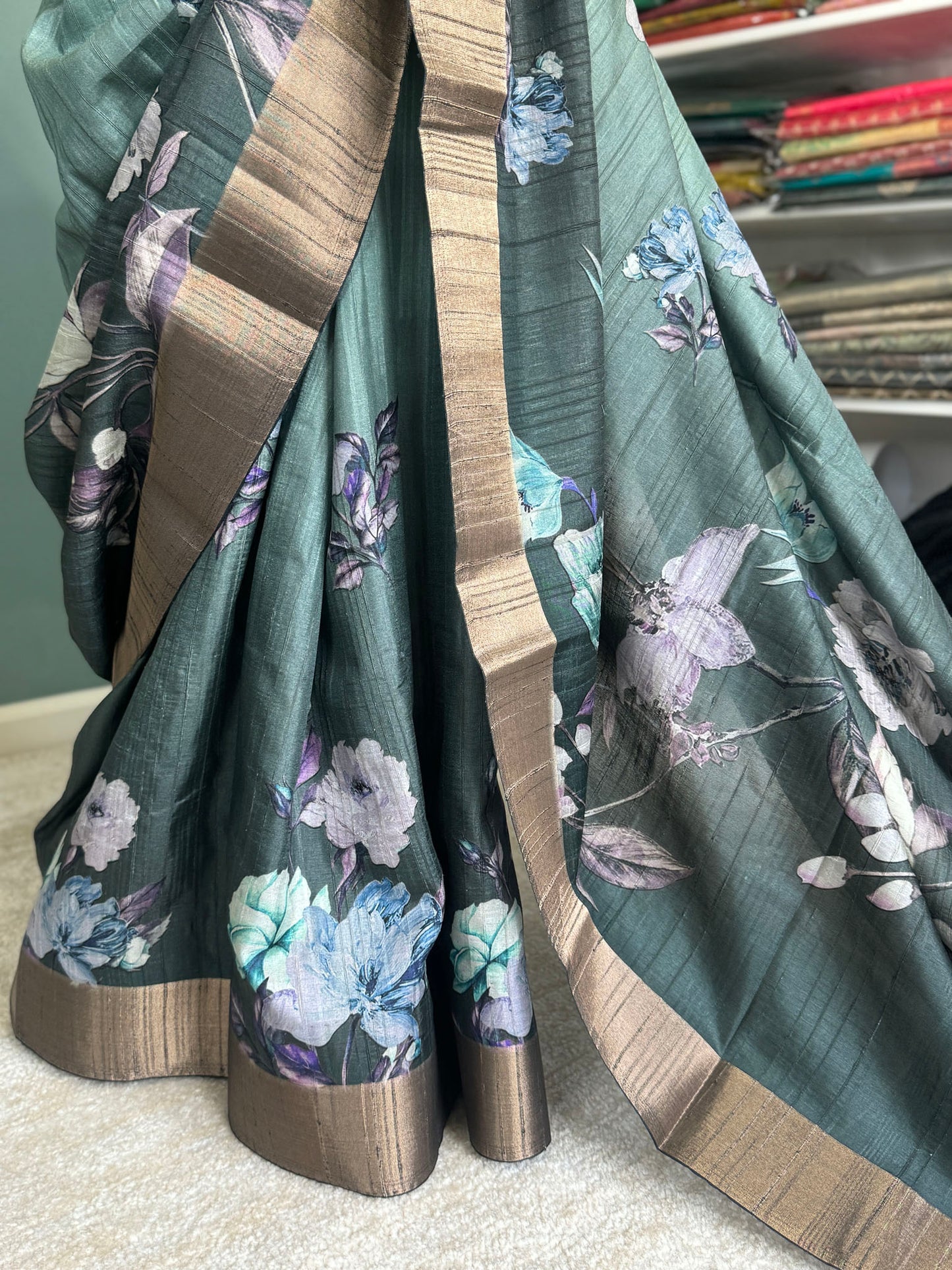 Two Tone Green Floral Printed Matka Silk Saree