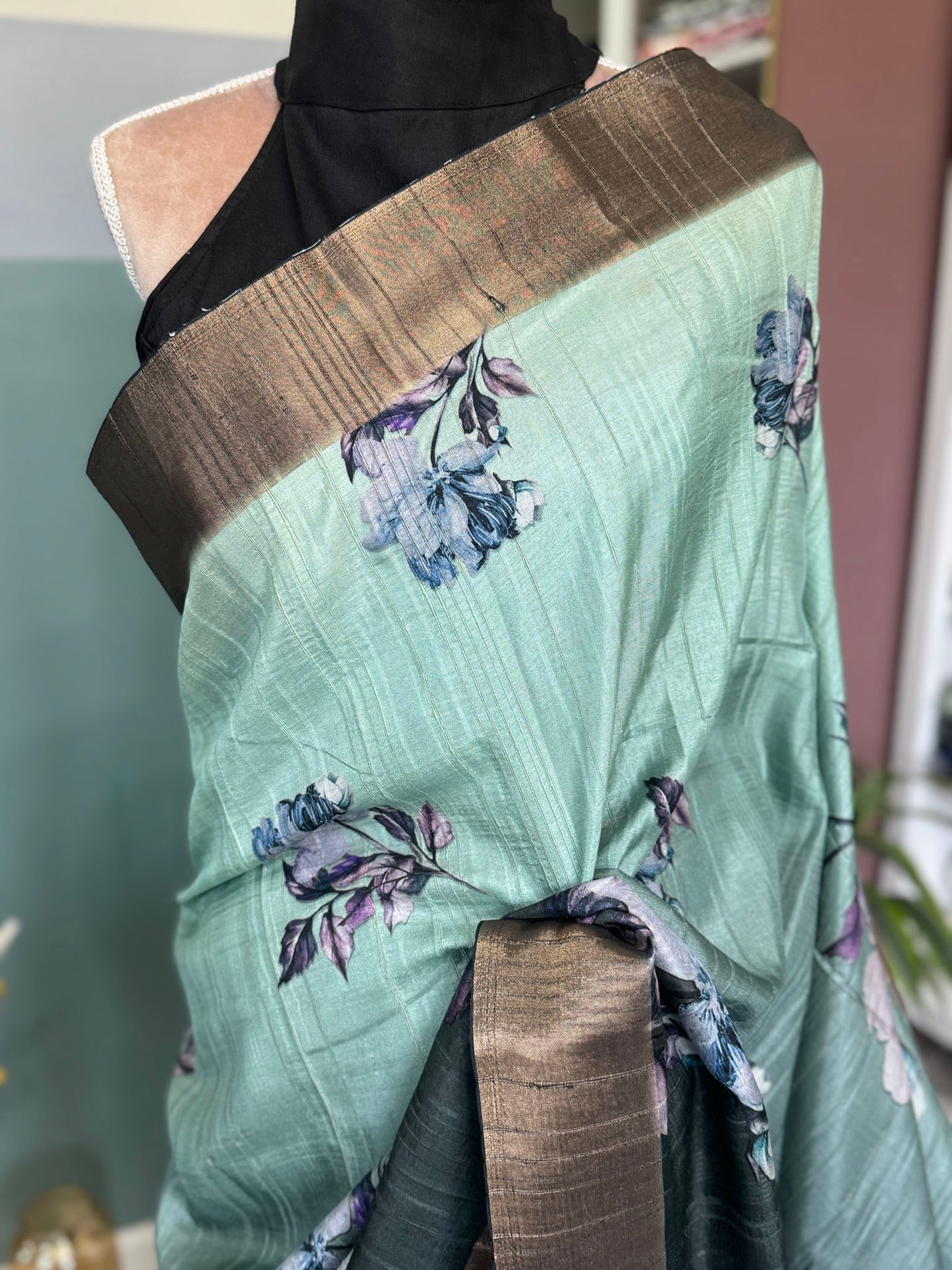 Two Tone Green Floral Printed Matka Silk Saree