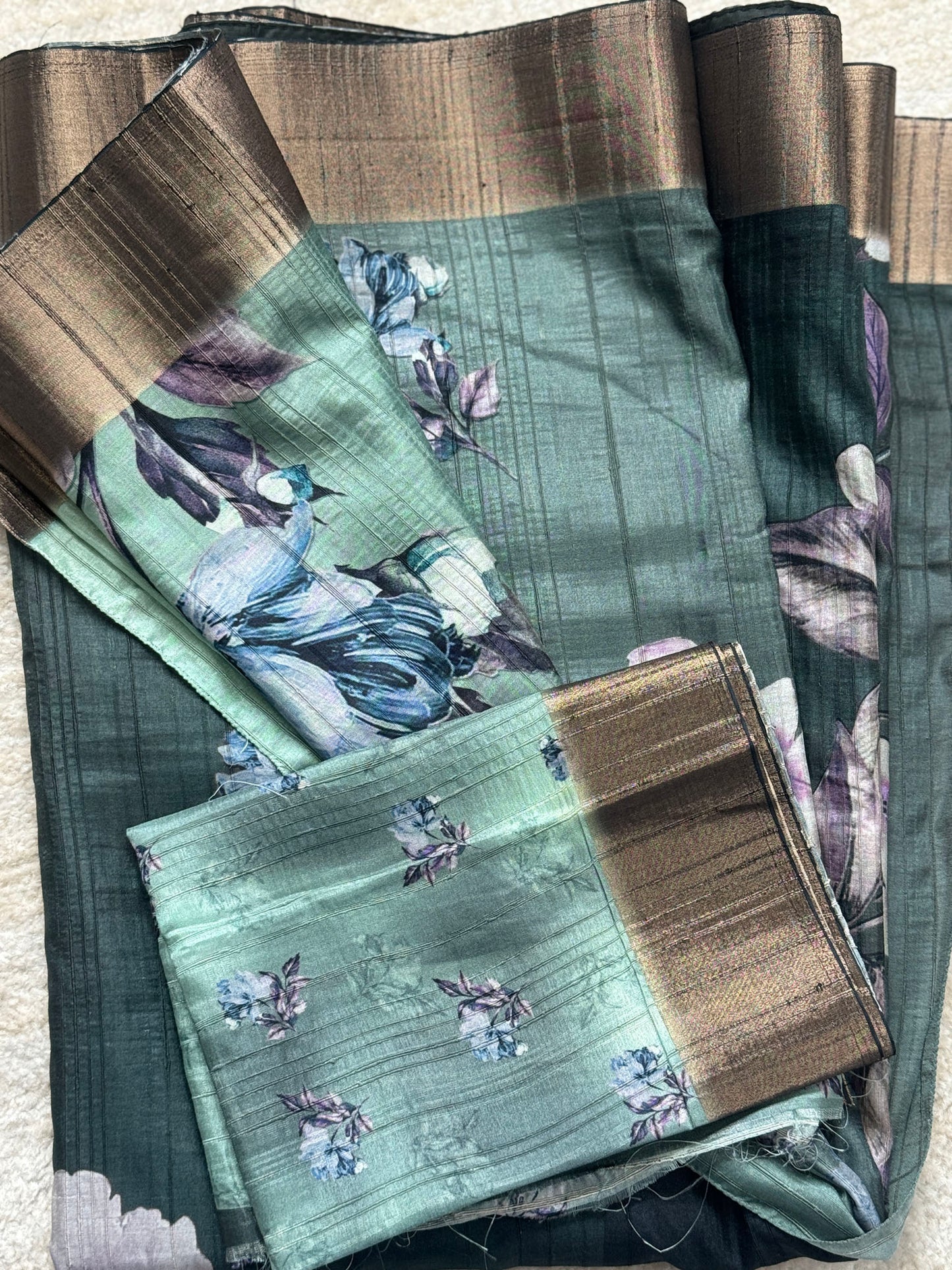 Two Tone Green Floral Printed Matka Silk Saree