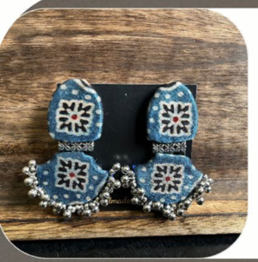 Ajrakh Handcrafted Fabric Chandbali Earrings