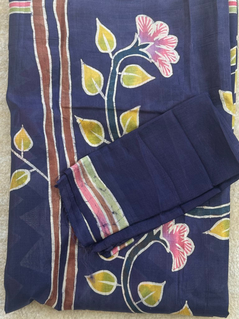 Blue Wax Dyed Pure Silk Batik Saree