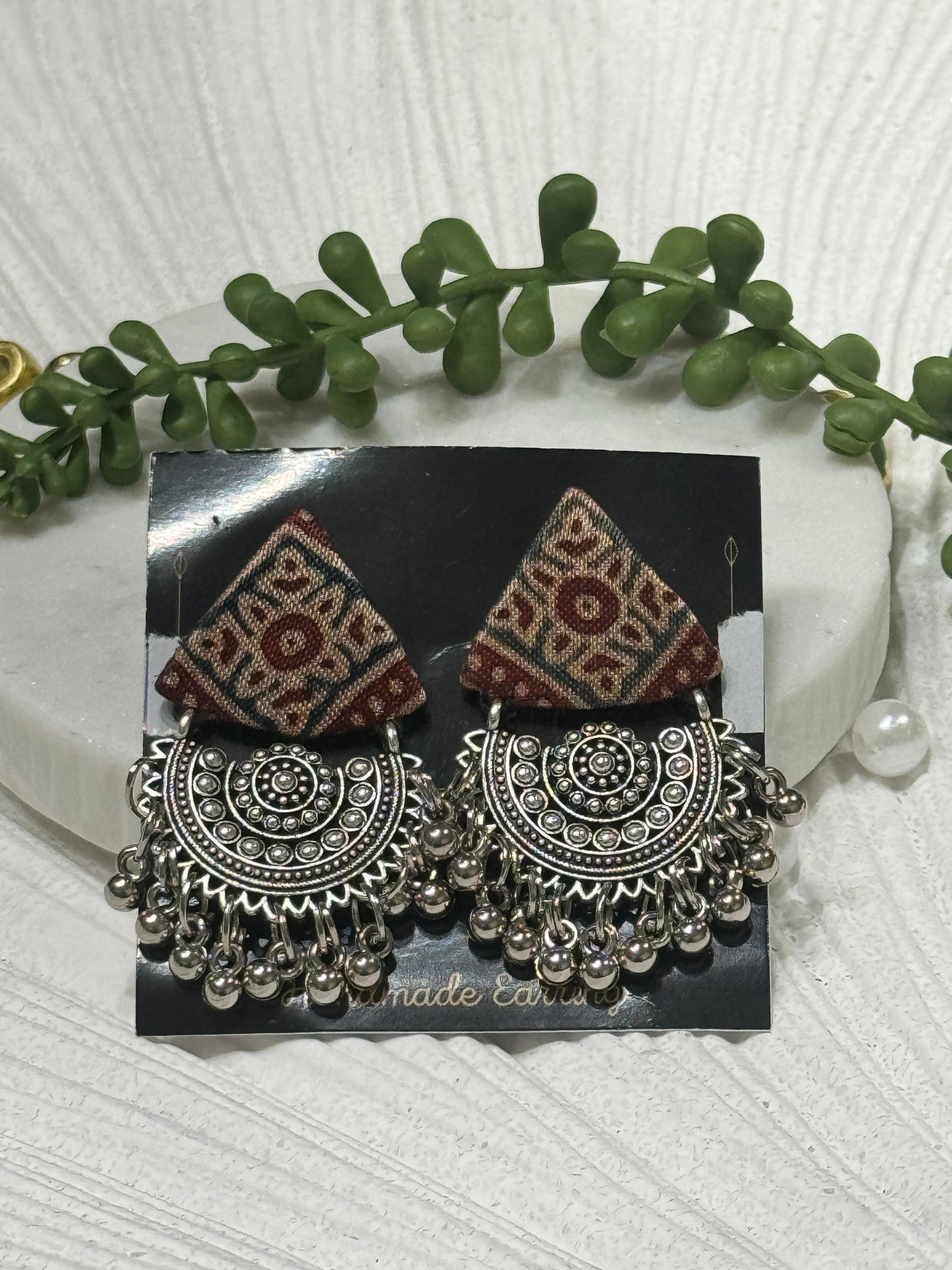 Ajrakh Handcrafted Fabric Triko Earrings