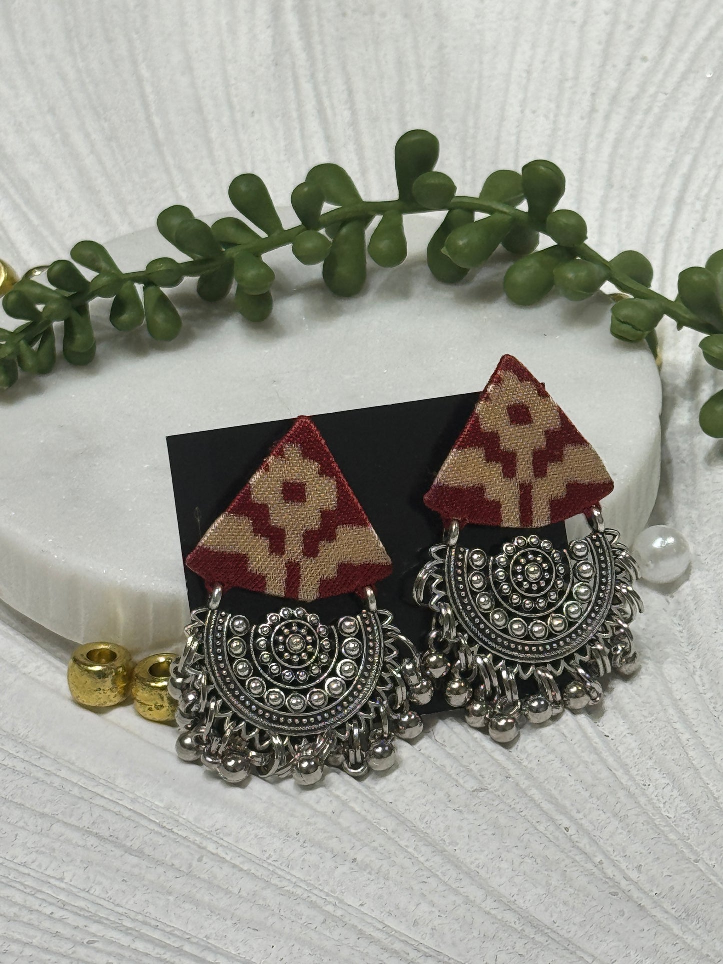 Ajrakh Handcrafted Fabric Triko Earrings