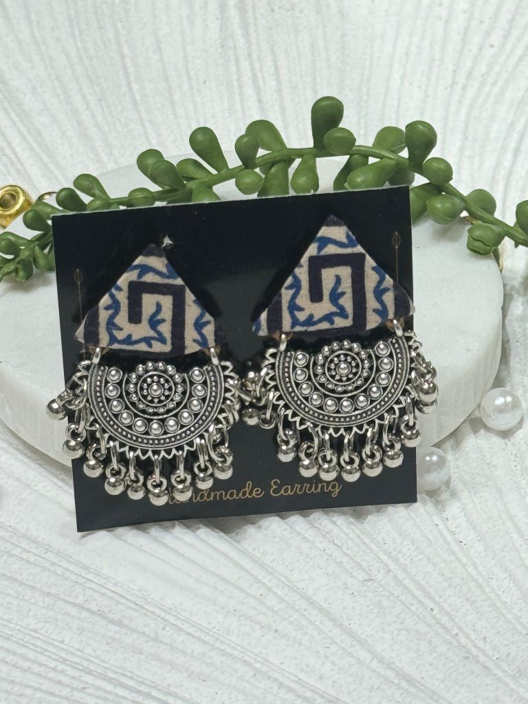 Ajrakh Handcrafted Fabric Triko Earrings