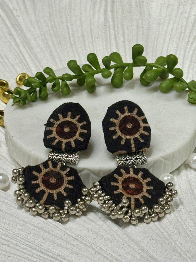 Ajrakh Handcrafted Fabric Chandbali Earrings