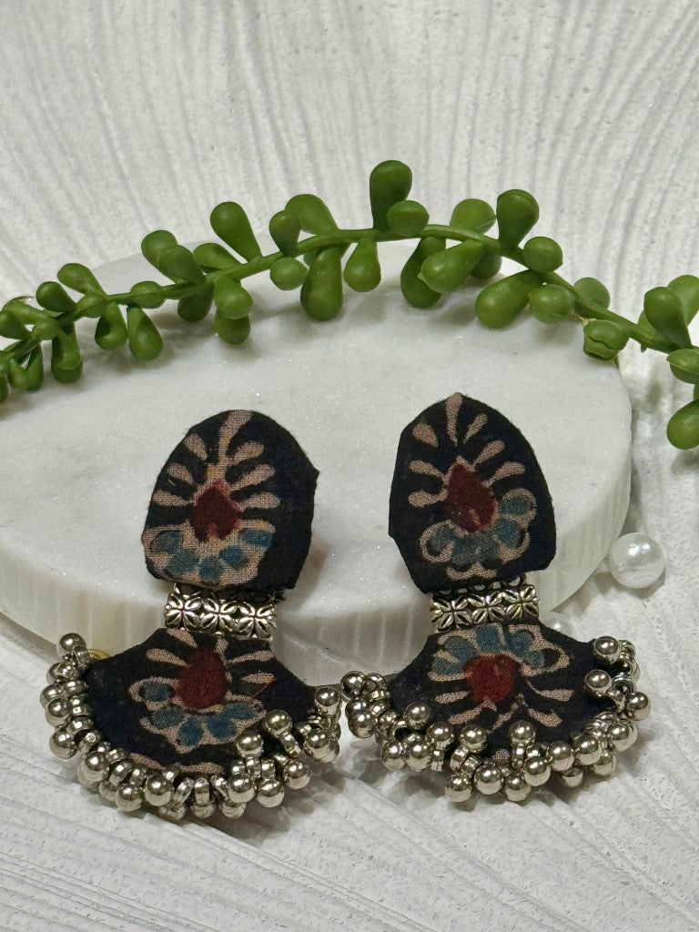 Ajrakh Handcrafted Fabric Chandbali Earrings