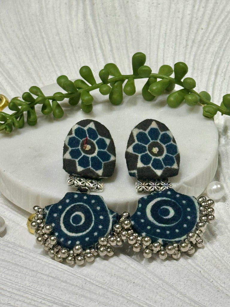 Ajrakh Handcrafted Fabric Chandbali Earrings