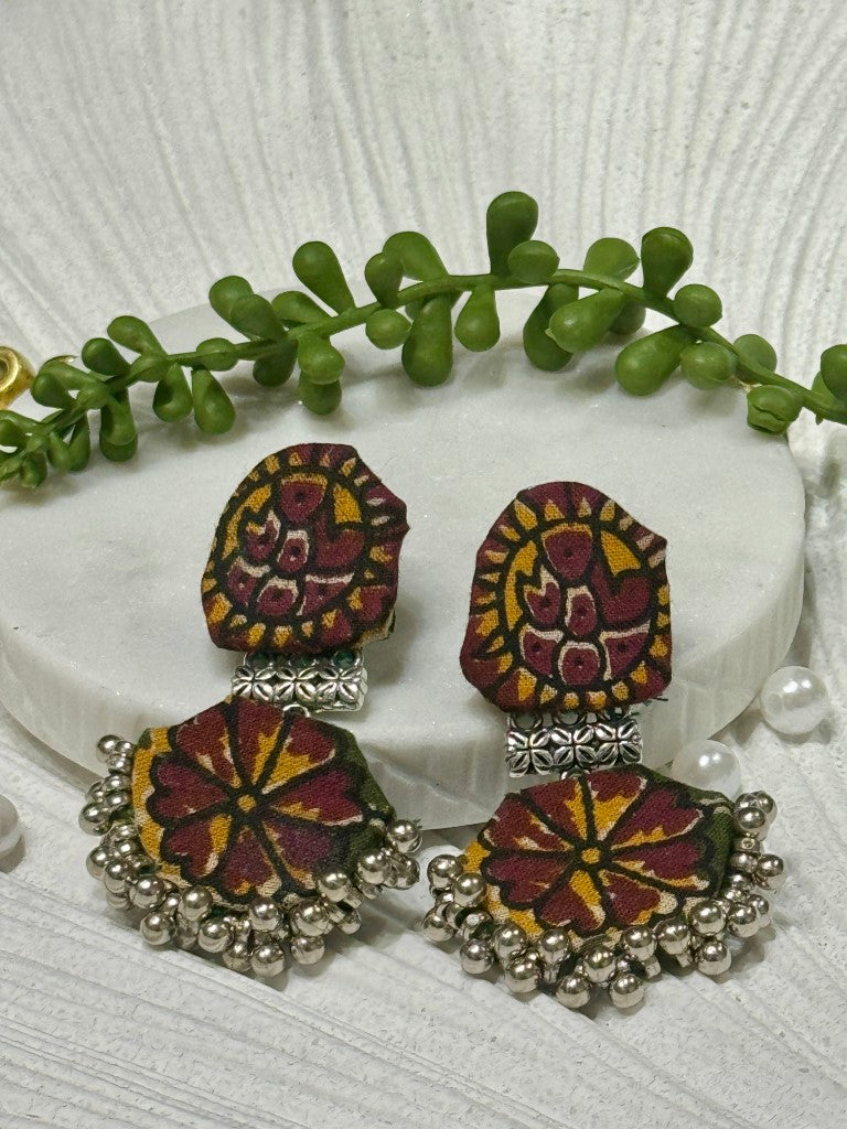 Ajrakh Handcrafted Fabric Chandbali Earrings