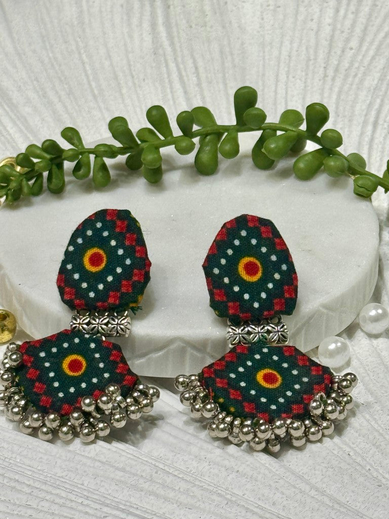 Ajrakh Handcrafted Fabric Chandbali Earrings