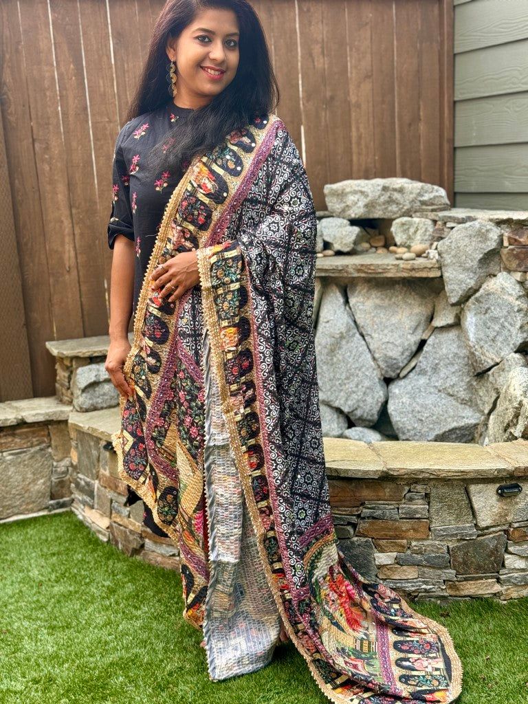 Black Pakistani Radhika Silk Stole w/ Mirror work
