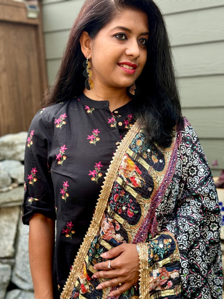 Black Pakistani Radhika Silk Stole w/ Mirror work