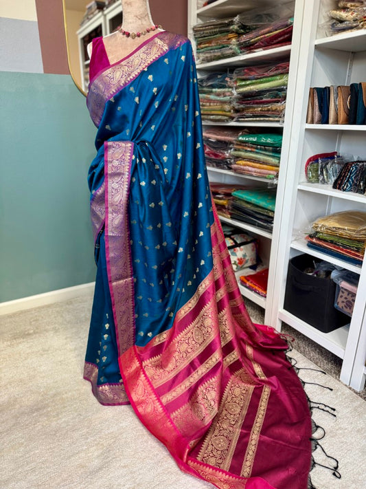 Blue Magenta Muga Silk Saree w/ readymade velvet blouse