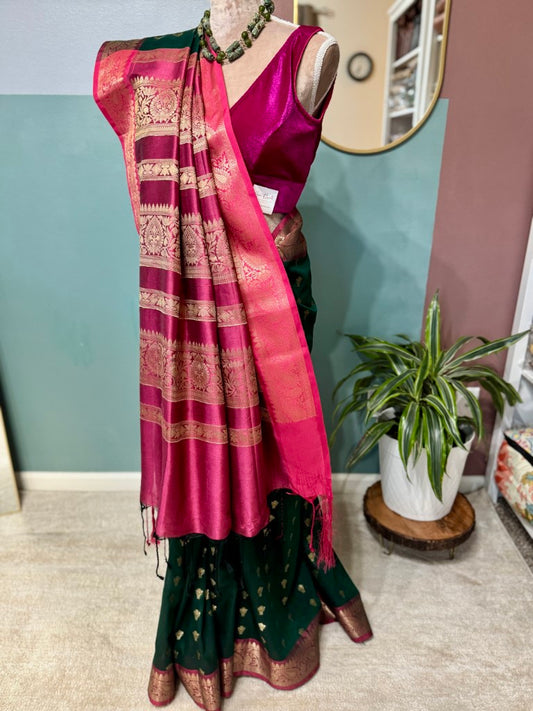 Deep Green Magenta Muga Silk Saree w/ readymade velvet blouse