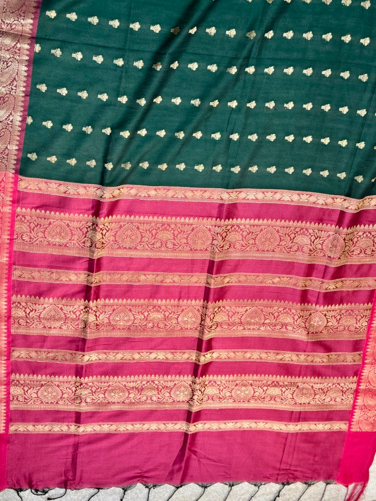 Deep Green Magenta Muga Silk Saree w/ readymade velvet blouse