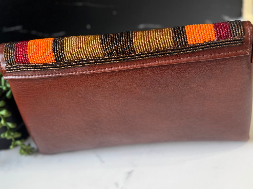 Orange Red Beads Handcrafted African Leather Sling Bag