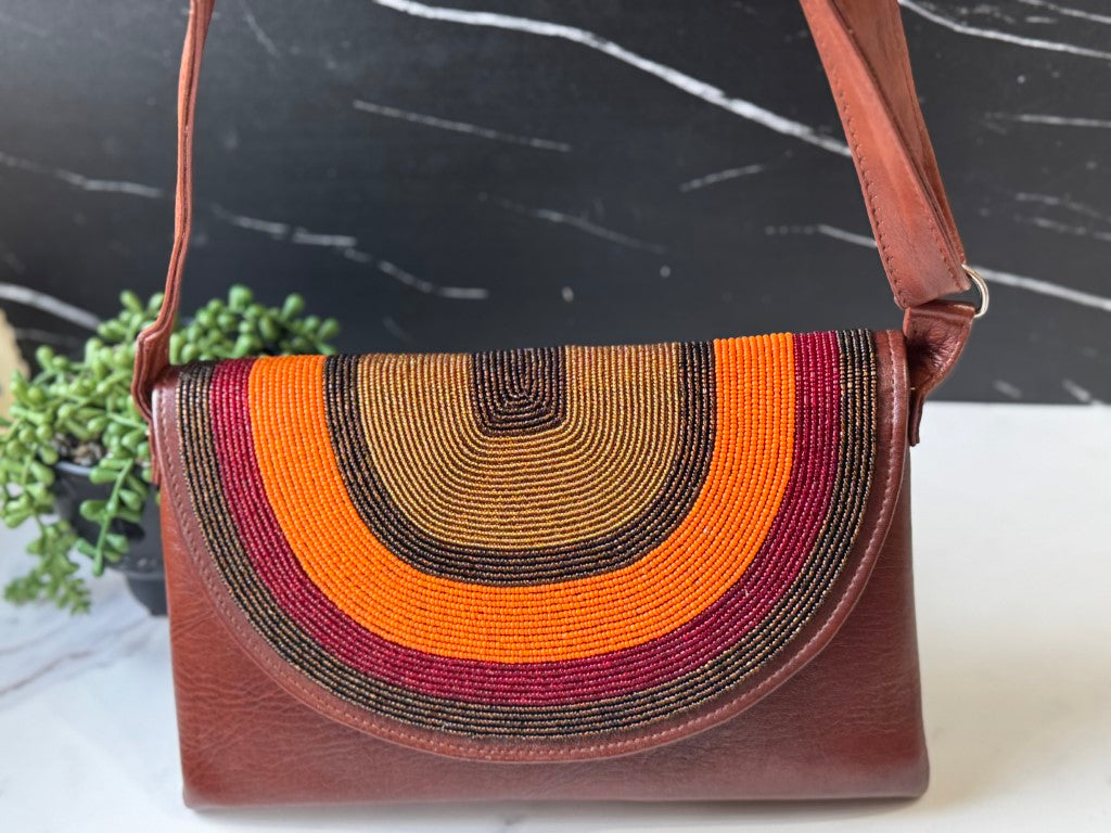 Orange Red Beads Handcrafted African Leather Sling Bag