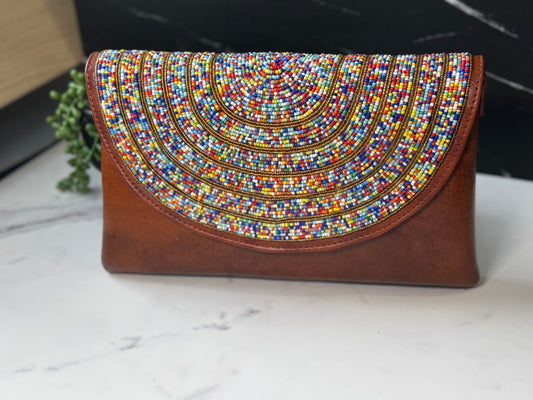 Brown & Multicolor Beads Handcrafted African Leather Sling Bag