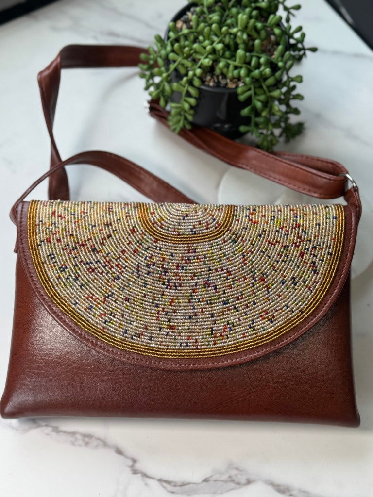 Gold & Red Beads Handcrafted African Leather Sling Bag