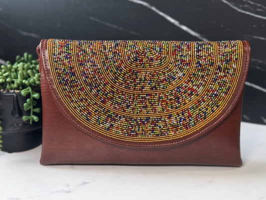 Gold & Multicolor Beads Handcrafted African Leather Sling Bag