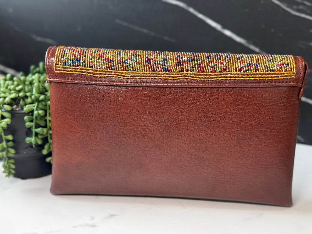 Gold & Multicolor Beads Handcrafted African Leather Sling Bag