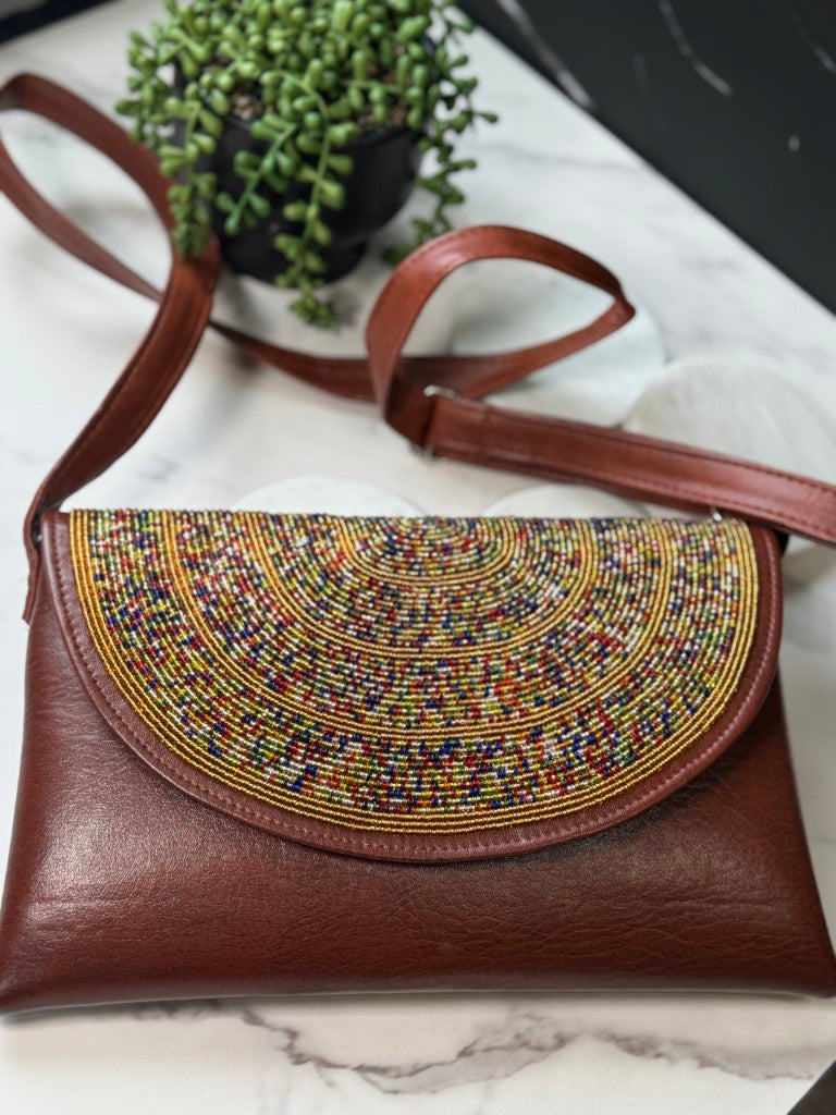 Gold & Multicolor Beads Handcrafted African Leather Sling Bag