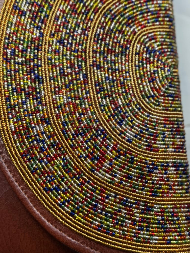 Gold & Multicolor Beads Handcrafted African Leather Sling Bag