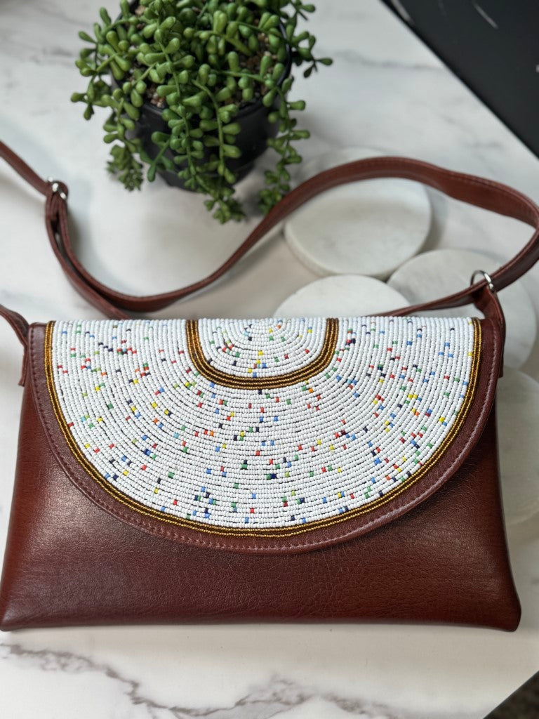 White Beads Handcrafted African Leather Sling Bag