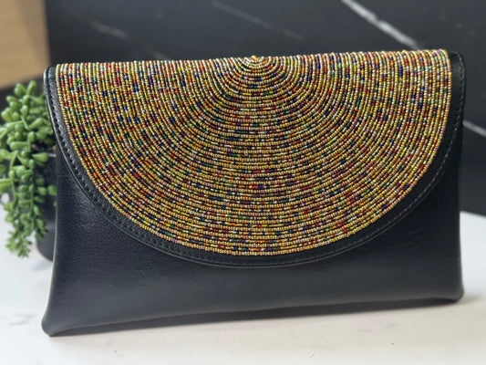 Gold Multicolor Beads Handcrafted African Leather Sling Bag