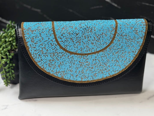 Sky Blue Beads Handcrafted African Leather Sling Bag