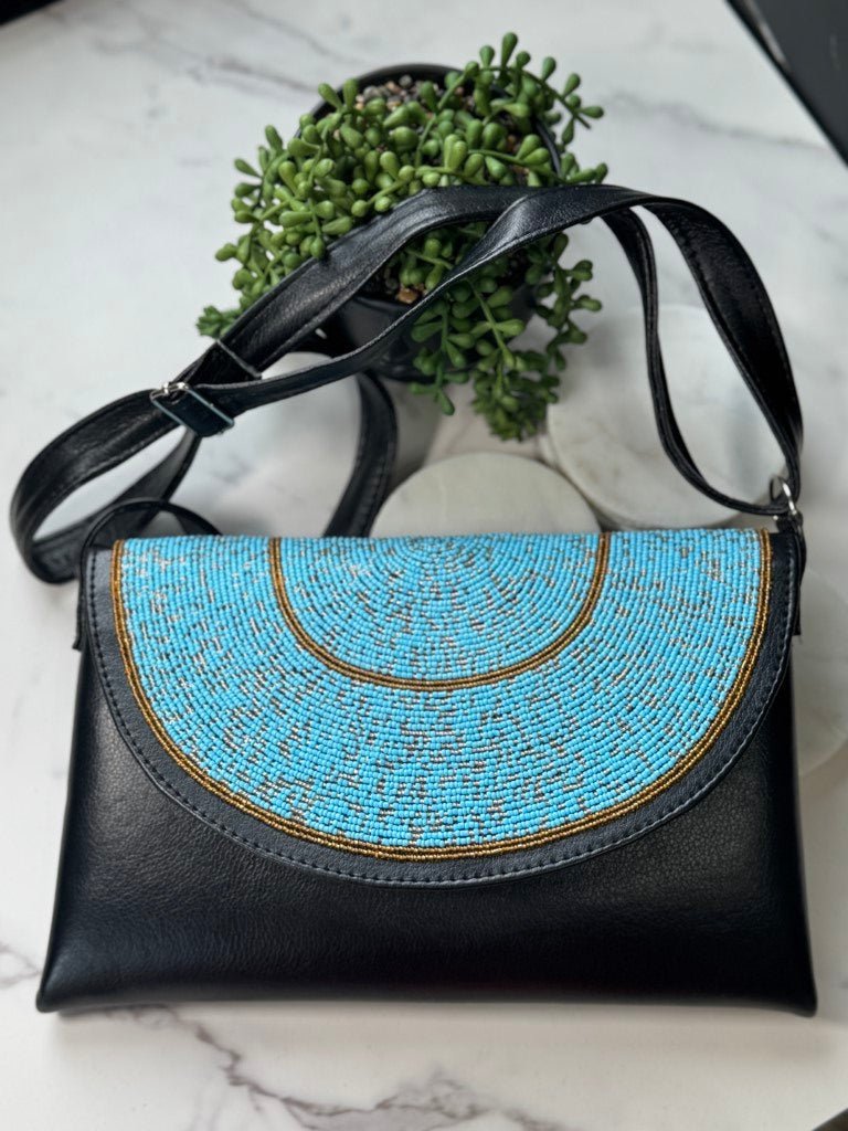 Sky Blue Beads Handcrafted African Leather Sling Bag