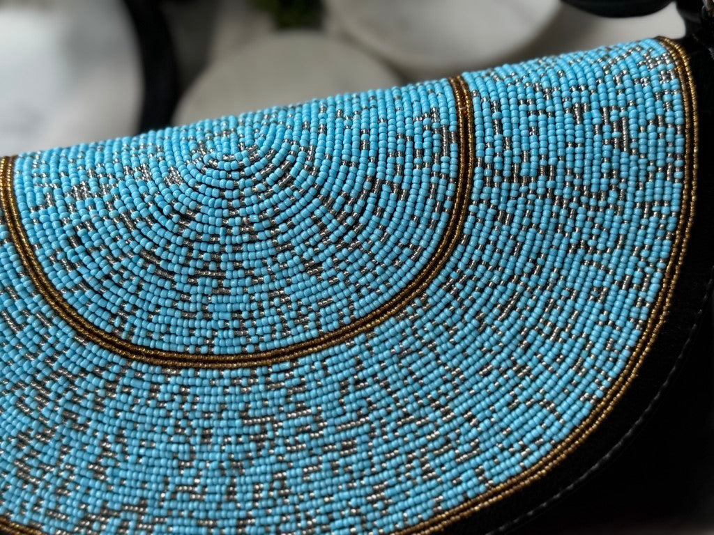 Sky Blue Beads Handcrafted African Leather Sling Bag