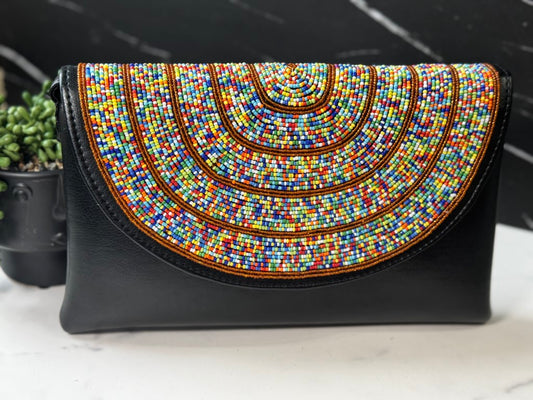 Multicolor Beads Handcrafted African Leather Sling Bag