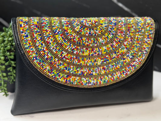 Gold & Multicolor Beads Handcrafted African Leather Sling Bag