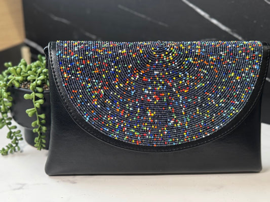 Black Multicolor Beads Handcrafted African Leather Sling Bag