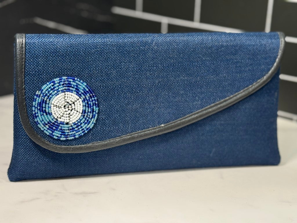 Blue w/ Leather Edge African Sisal Jute Clutch Bag