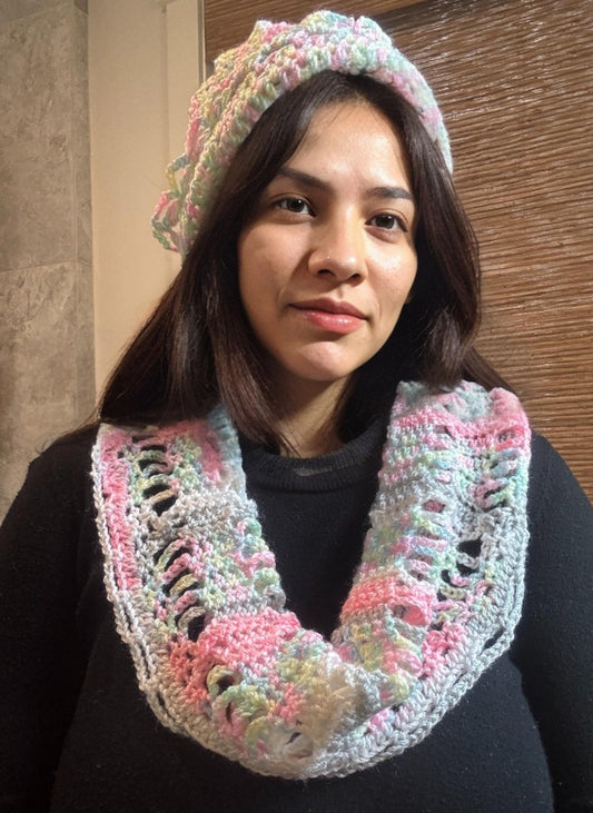 White Pink & Grey Handmade Woolen Scarf & Cap Set