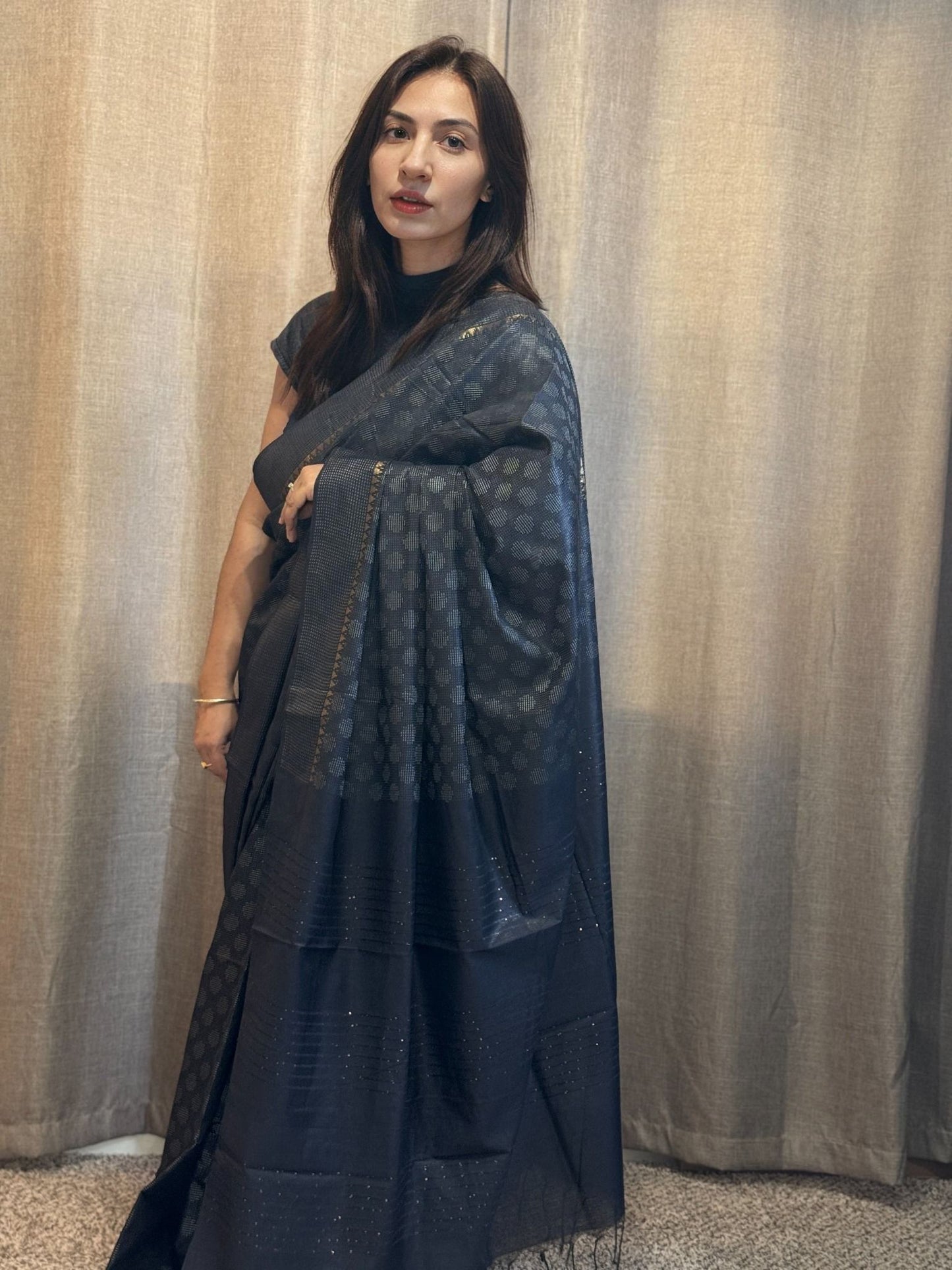 Black Self Woven Linen by Tussar Silk Saree