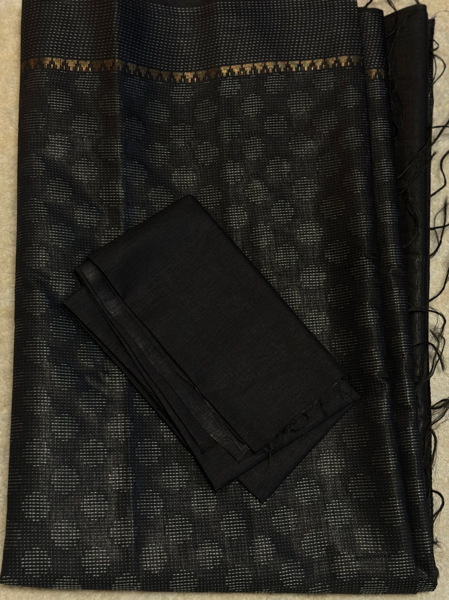 Black Self Woven Linen by Tussar Silk Saree