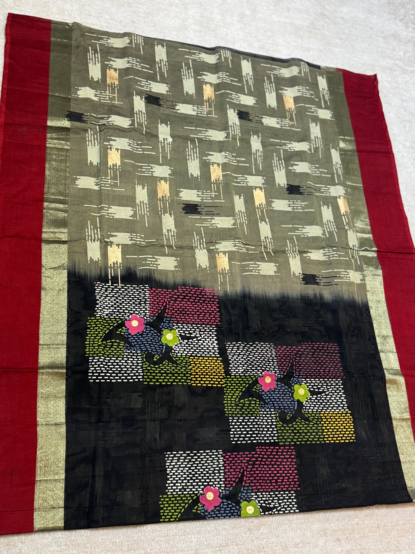 Black Bangladeshi Handblock Printed Cotton Saree