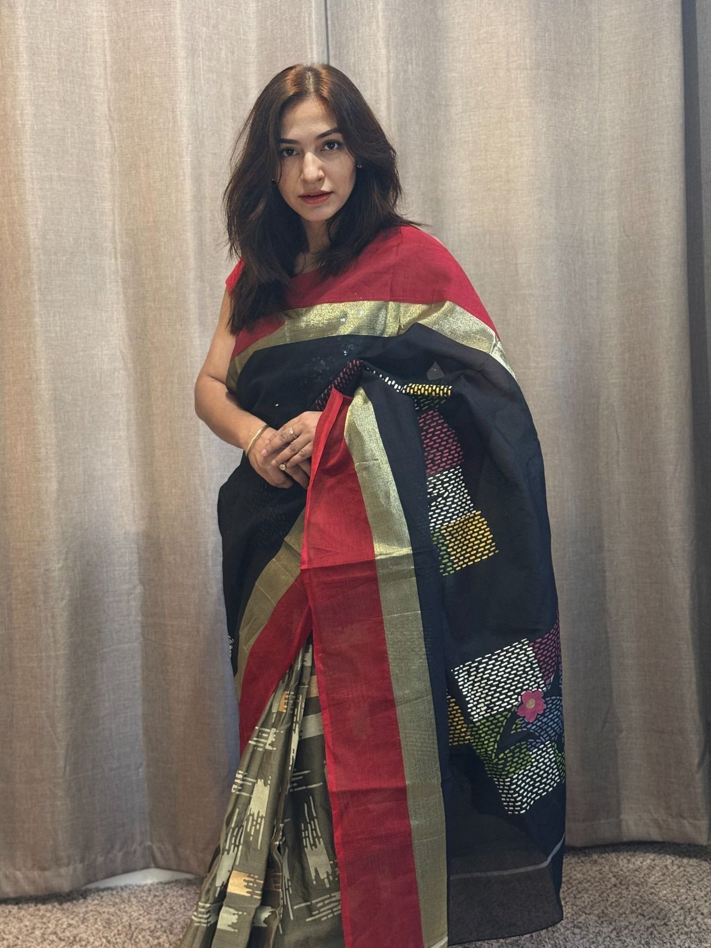 Black Bangladeshi Handblock Printed Cotton Saree