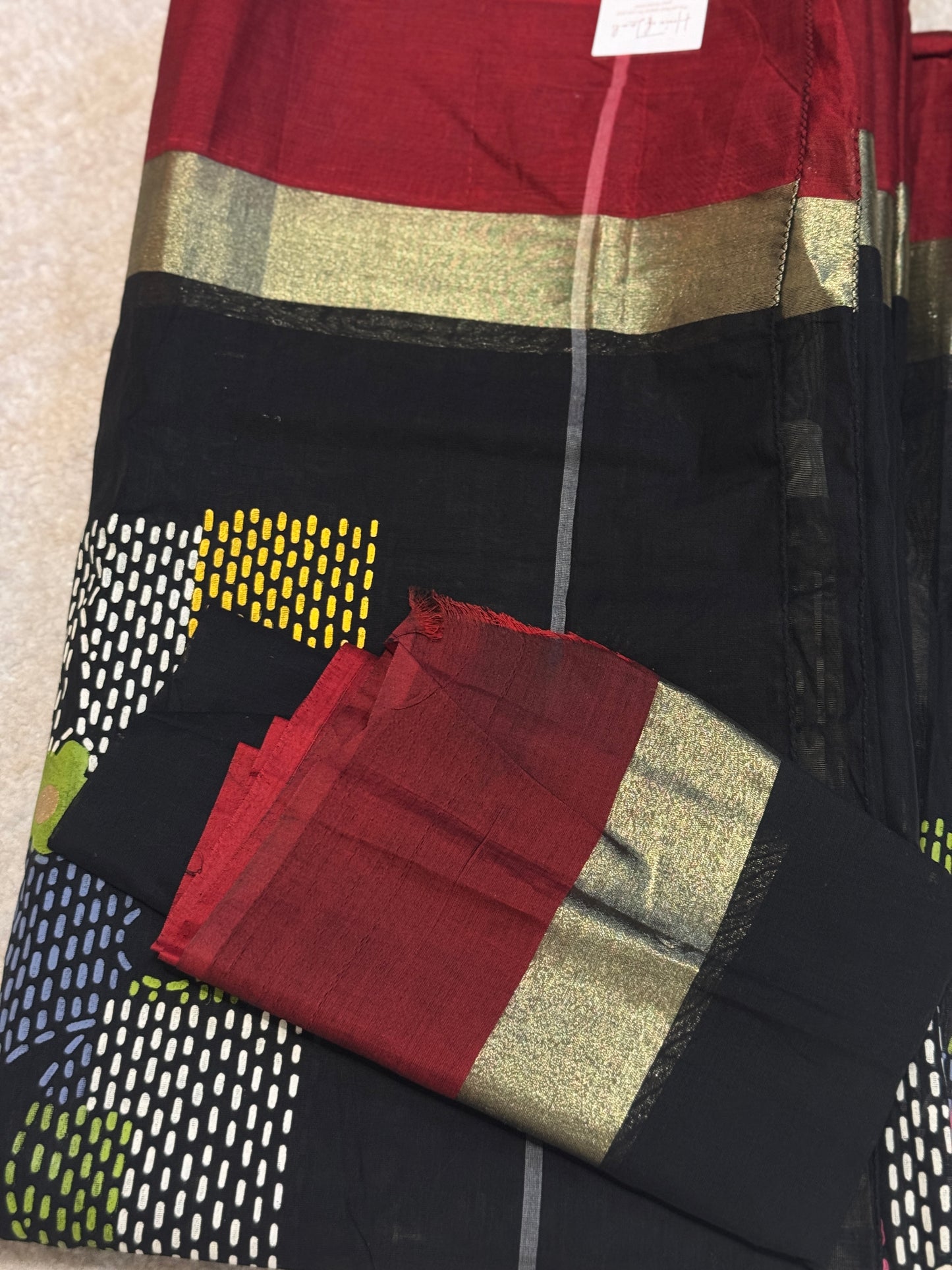 Black Bangladeshi Handblock Printed Cotton Saree