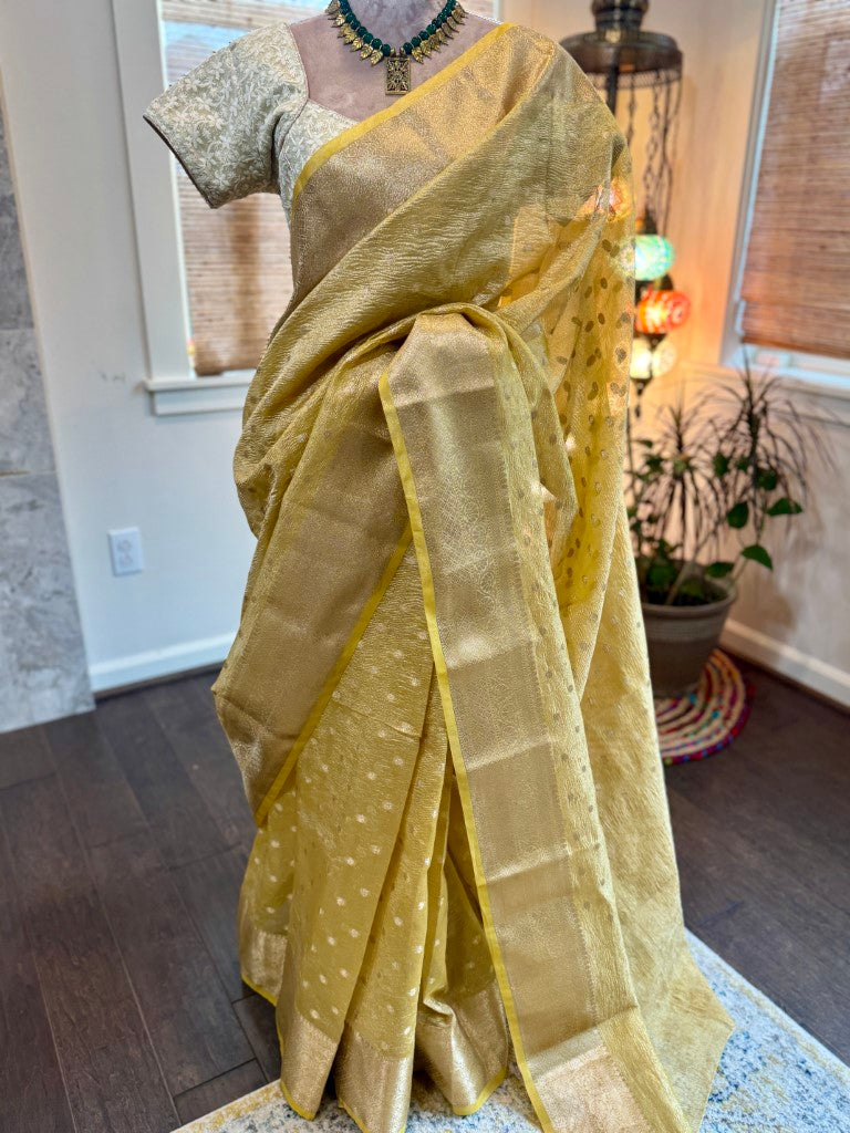 Yellow Crushed Tissue Banarasi Silk Saree