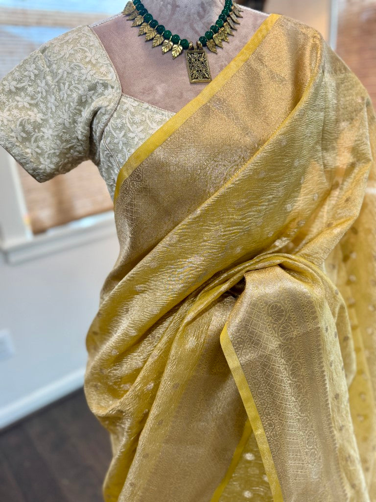 Yellow Crushed Tissue Banarasi Silk Saree