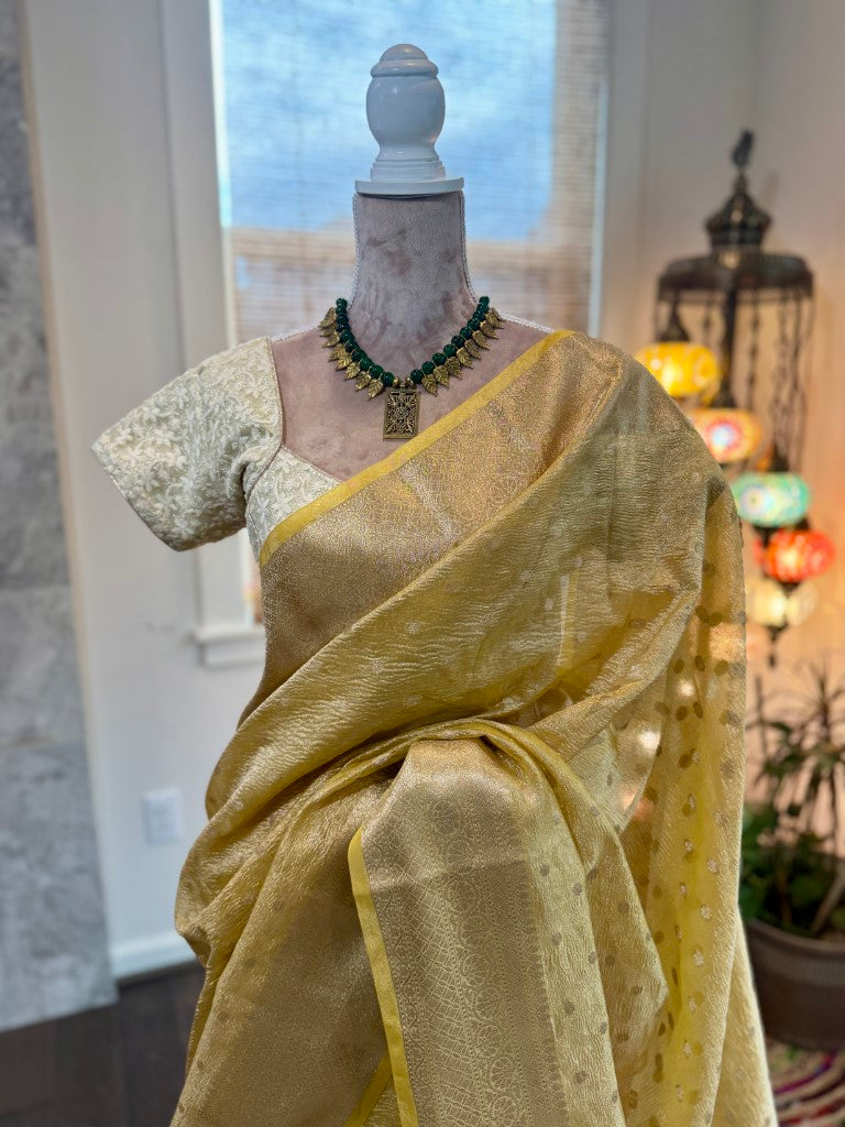 Yellow Crushed Tissue Banarasi Silk Saree