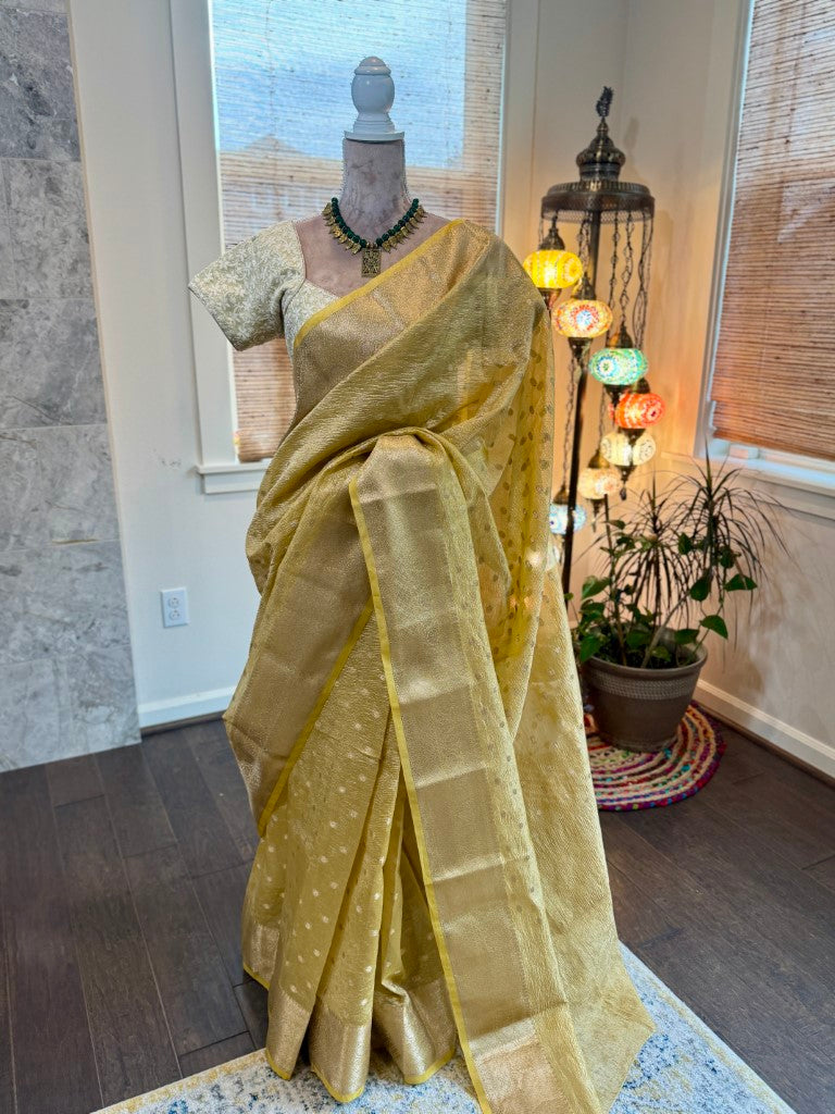 Yellow Crushed Tissue Banarasi Silk Saree