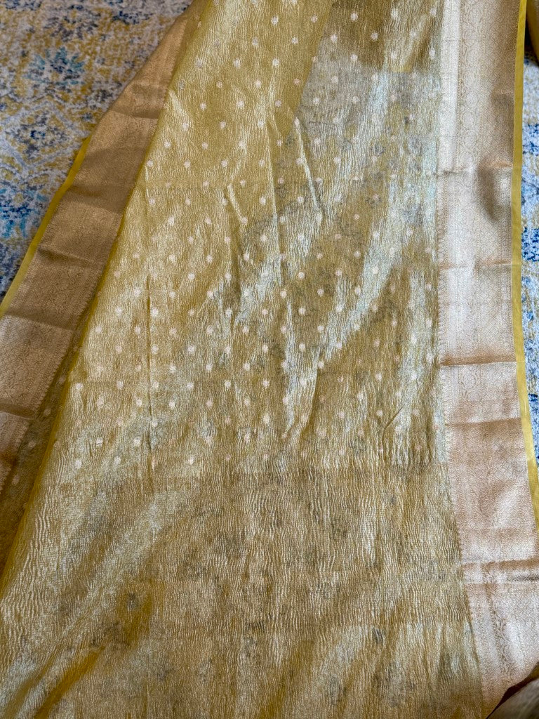 Yellow Crushed Tissue Banarasi Silk Saree