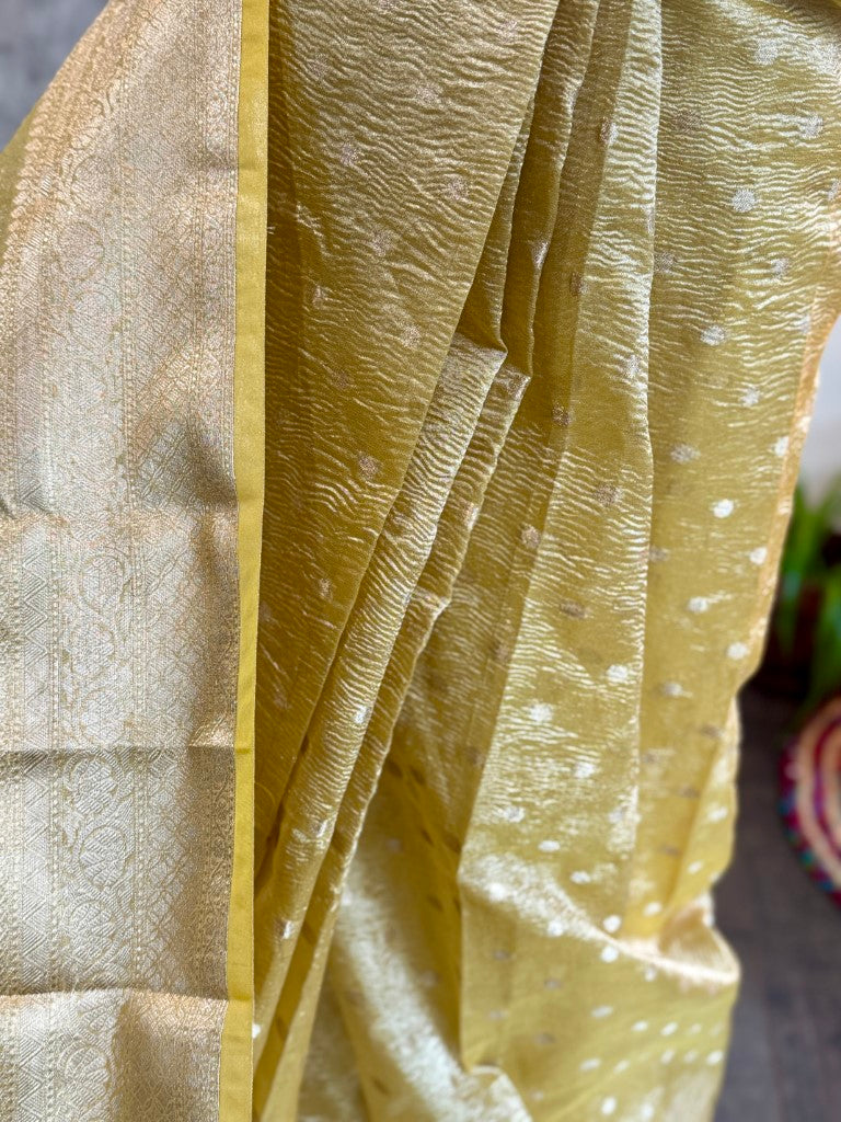 Yellow Crushed Tissue Banarasi Silk Saree