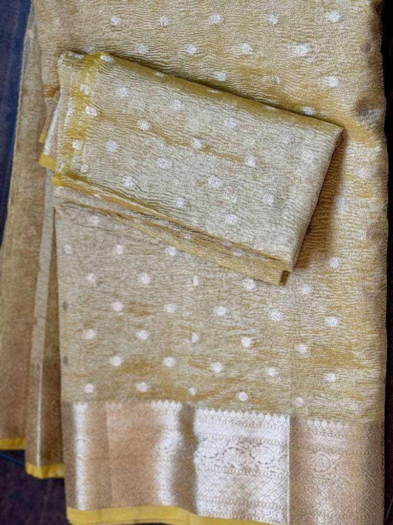 Yellow Crushed Tissue Banarasi Silk Saree