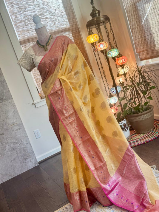 Yellow Semi Organza Kota Banarasi Silk Saree