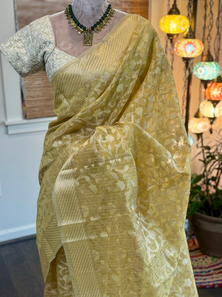 Yellow Kota Tissue Silk Saree w/ Woven Zari Jaal Work